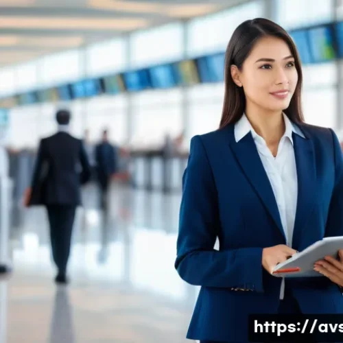 Home 24 항공보안관리사 주요 직무 소개 - **Prompt:** A female Aviation Security Manager, in her late 30s, confidently walking through a moder...