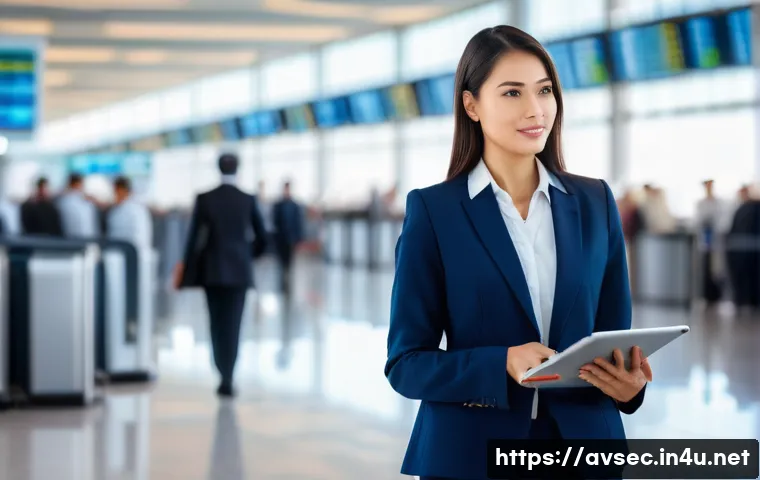 항공보안관리사 주요 직무 소개 - **Prompt:** A female Aviation Security Manager, in her late 30s, confidently walking through a moder...