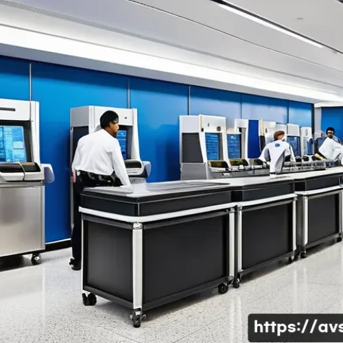 Home 11 항공보안관리사로 성공하기 위한 조언 - A vibrant, bustling airport security checkpoint at a major international airport during peak travel ...