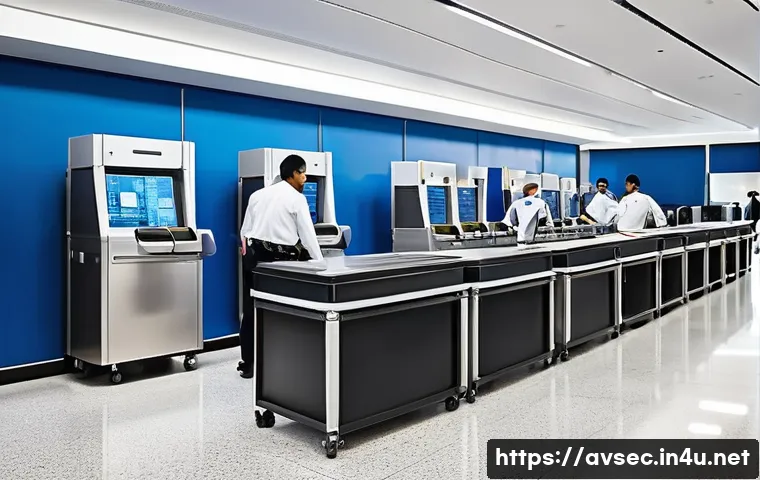 항공보안관리사로 성공하기 위한 조언 - A vibrant, bustling airport security checkpoint at a major international airport during peak travel ...